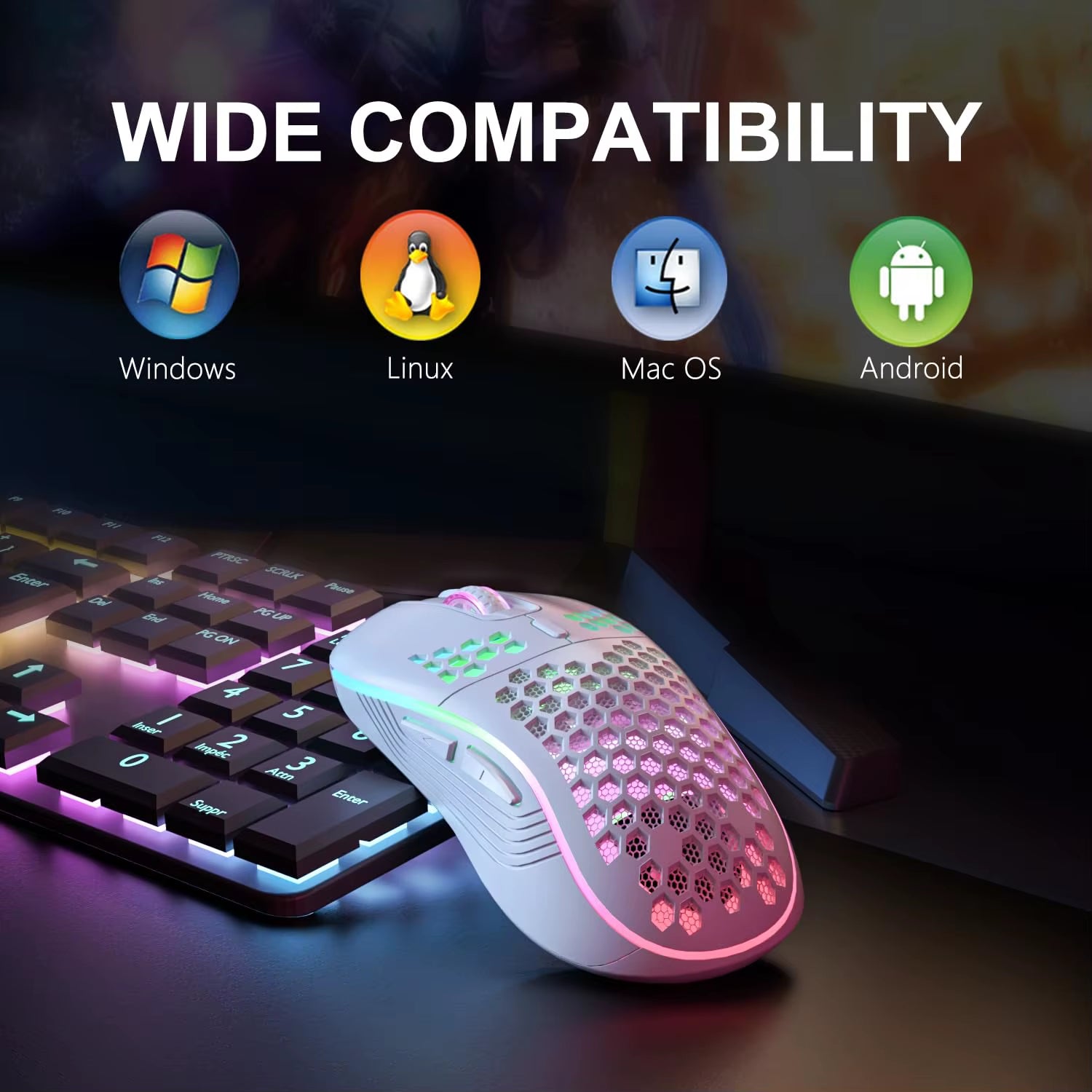 2.4G Wireless Ergonomic Gaming Mouse with RGB Backlighting, 6 Buttons, 3-Speed DPI, Type C Rechargeable, Honeycomb Design