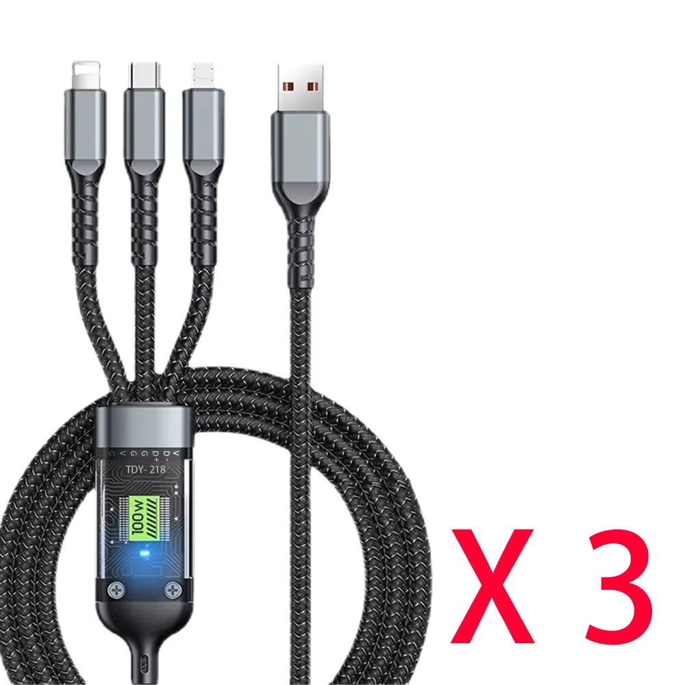 3-in-1 USB 100W 6A Fast Charging Cable for Car: Compatible with iPhone 16/15/14/13, Samsung, Xiaomi, and Huawei (USB to Type-C, Micro, Lightning)