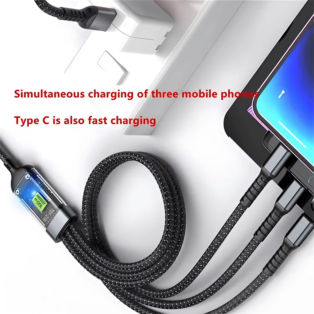3-in-1 USB 100W 6A Fast Charging Cable for Car: Compatible with iPhone 16/15/14/13, Samsung, Xiaomi, and Huawei (USB to Type-C, Micro, Lightning)