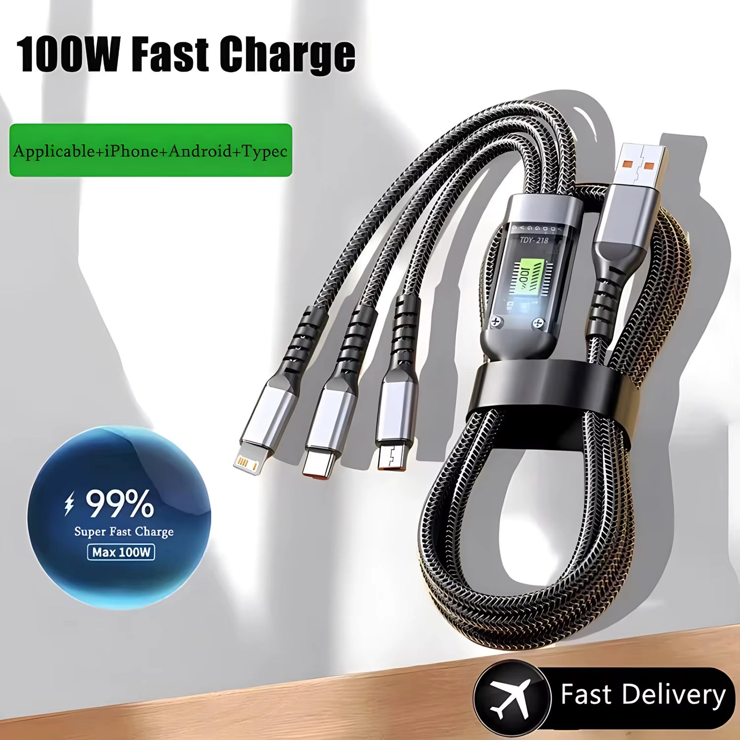 3-in-1 USB 100W 6A Fast Charging Cable for Car: Compatible with iPhone 16/15/14/13, Samsung, Xiaomi, and Huawei (USB to Type-C, Micro, Lightning)