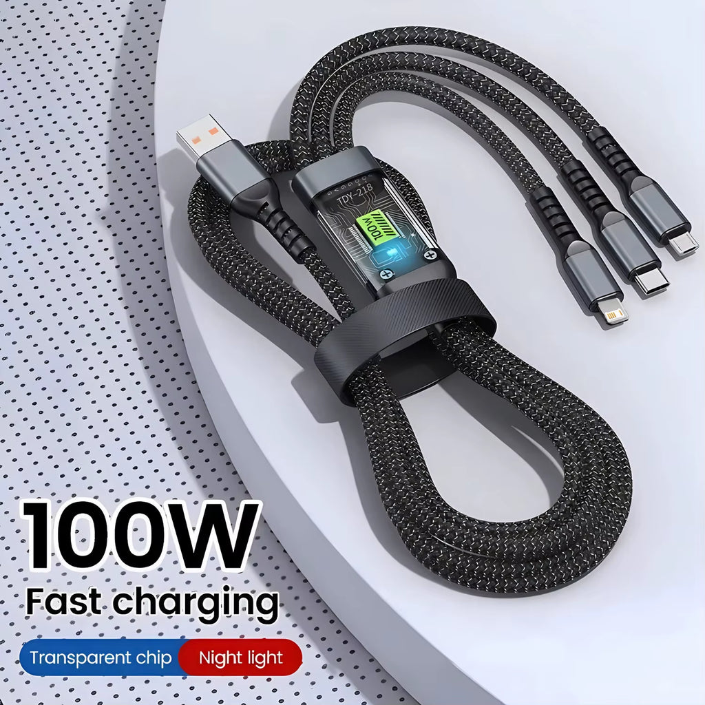3-in-1 USB 100W 6A Fast Charging Cable for Car: Compatible with iPhone 16/15/14/13, Samsung, Xiaomi, and Huawei (USB to Type-C, Micro, Lightning)