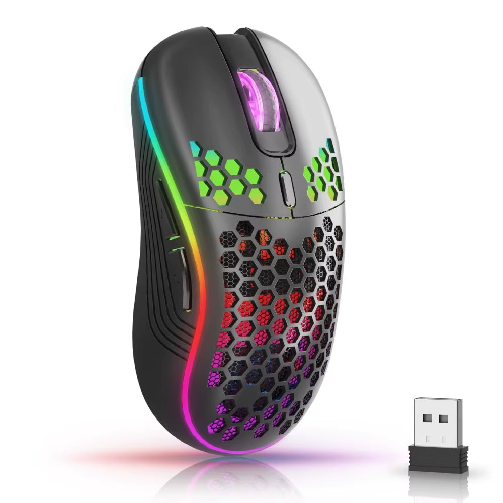 2.4G Wireless Ergonomic Gaming Mouse with RGB Backlighting, 6 Buttons, 3-Speed DPI, Type C Rechargeable, Honeycomb Design