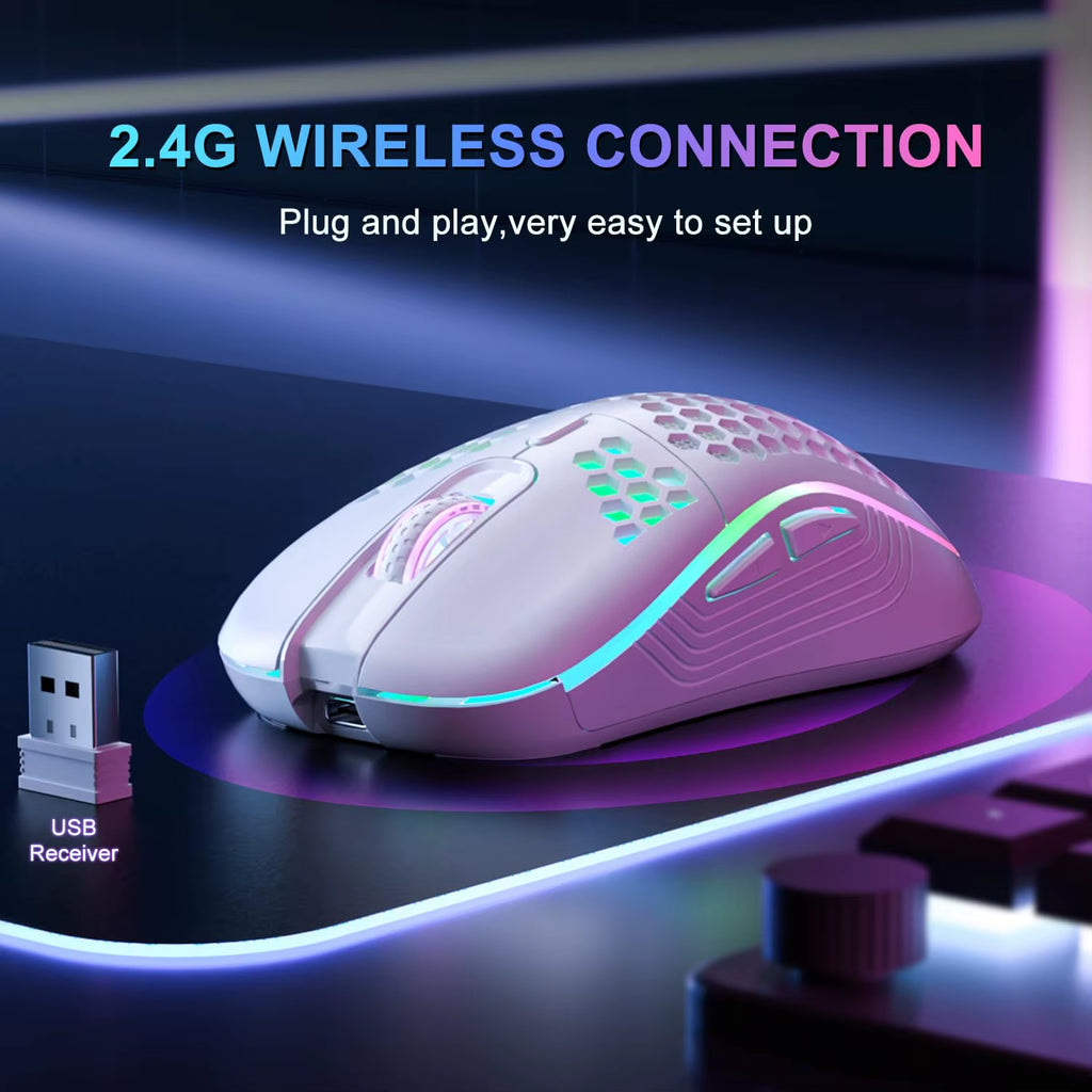 2.4G Wireless Ergonomic Gaming Mouse with RGB Backlighting, 6 Buttons, 3-Speed DPI, Type C Rechargeable, Honeycomb Design