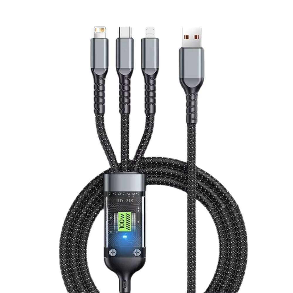 3-in-1 USB 100W 6A Fast Charging Cable for Car: Compatible with iPhone 16/15/14/13, Samsung, Xiaomi, and Huawei (USB to Type-C, Micro, Lightning)