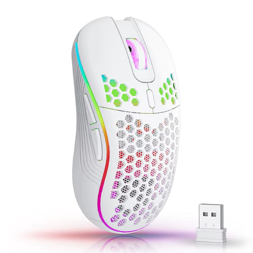 2.4G Wireless Ergonomic Gaming Mouse with RGB Backlighting, 6 Buttons, 3-Speed DPI, Type C Rechargeable, Honeycomb Design