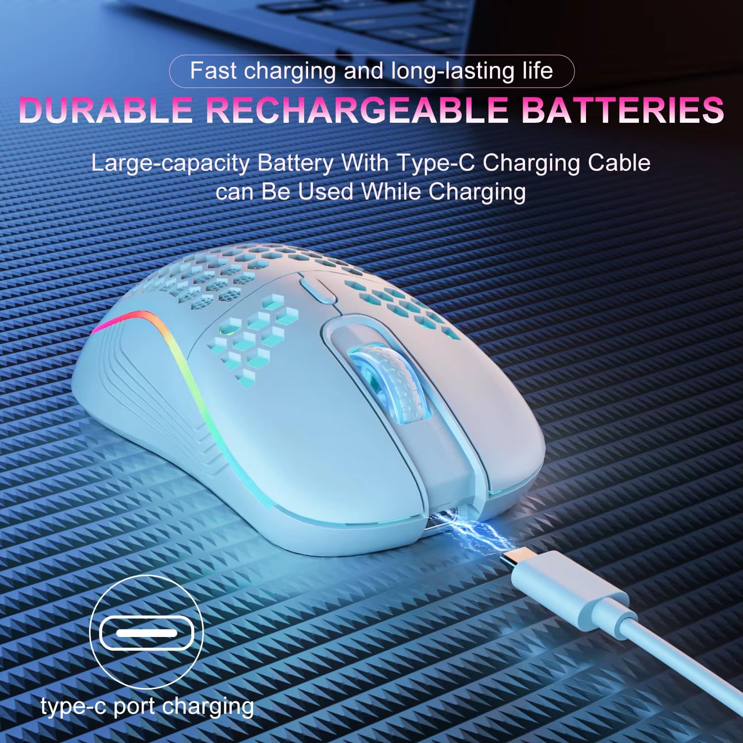 2.4G Wireless Ergonomic Gaming Mouse with RGB Backlighting, 6 Buttons, 3-Speed DPI, Type C Rechargeable, Honeycomb Design