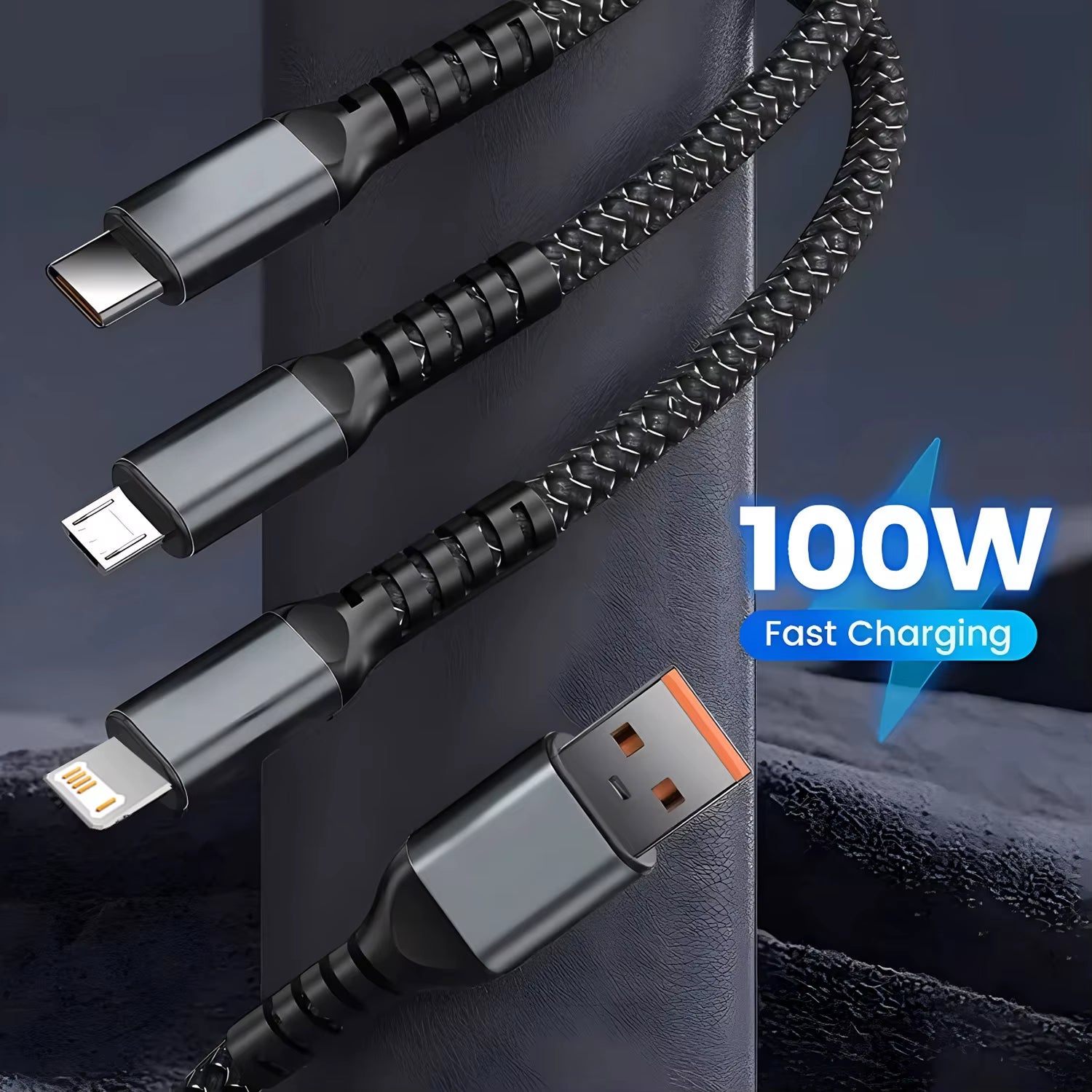 3-in-1 USB 100W 6A Fast Charging Cable for Car: Compatible with iPhone 16/15/14/13, Samsung, Xiaomi, and Huawei (USB to Type-C, Micro, Lightning)